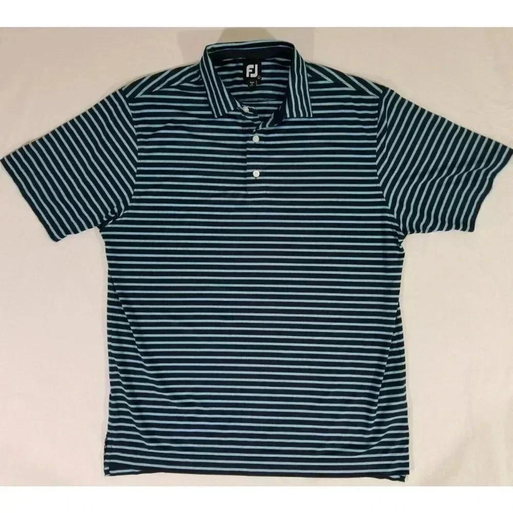 FootJoy FJ Black Blue Striped Lightweight Moisture Wick Polo Golf Shirt Men's L